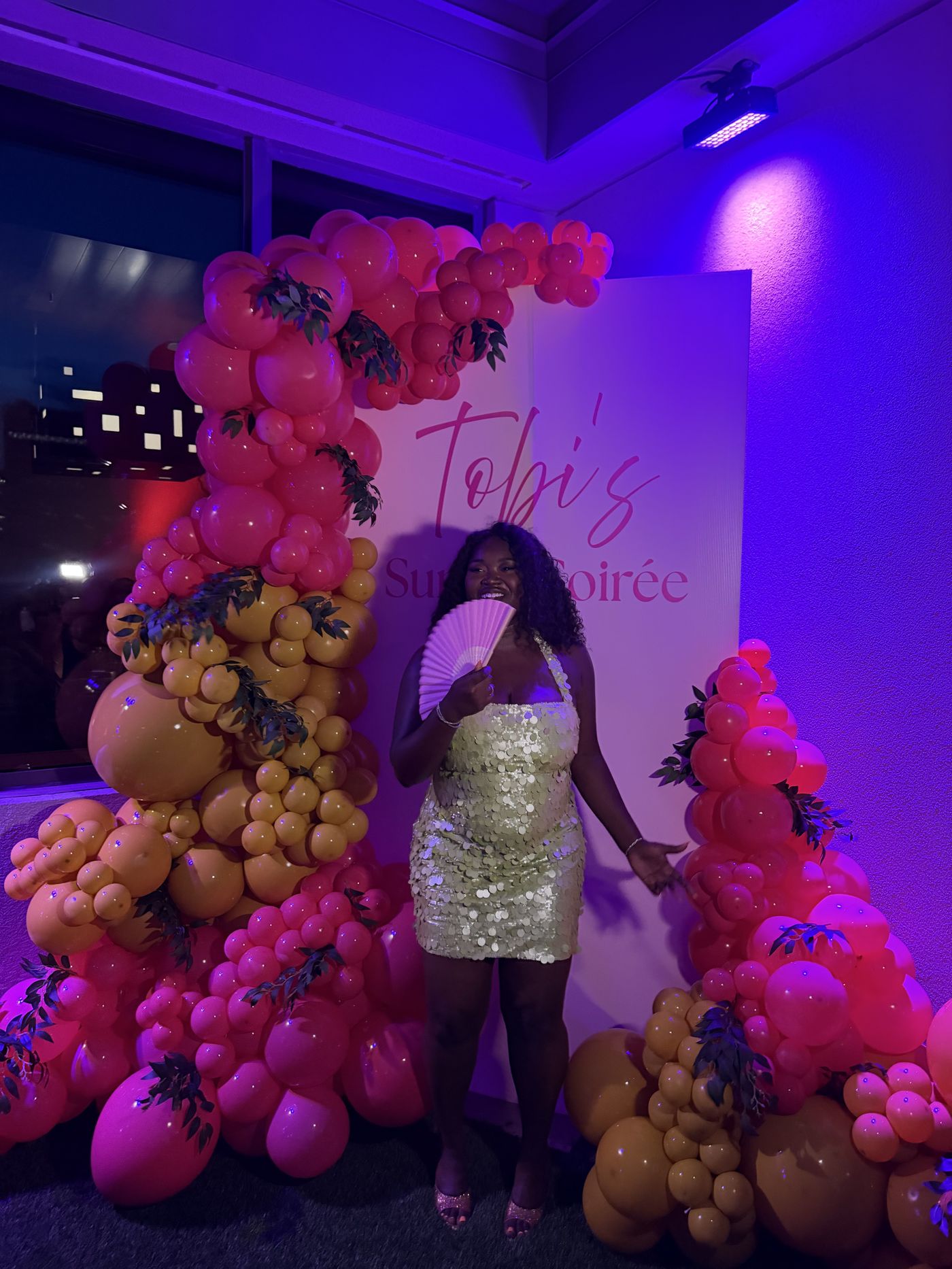 Pink and gold balloon arch for Tobi's Surprise Soirée